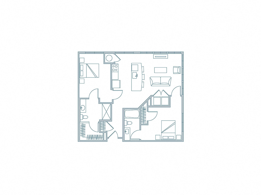 Floor plan for 2 beds, 2 baths, 507 sqft